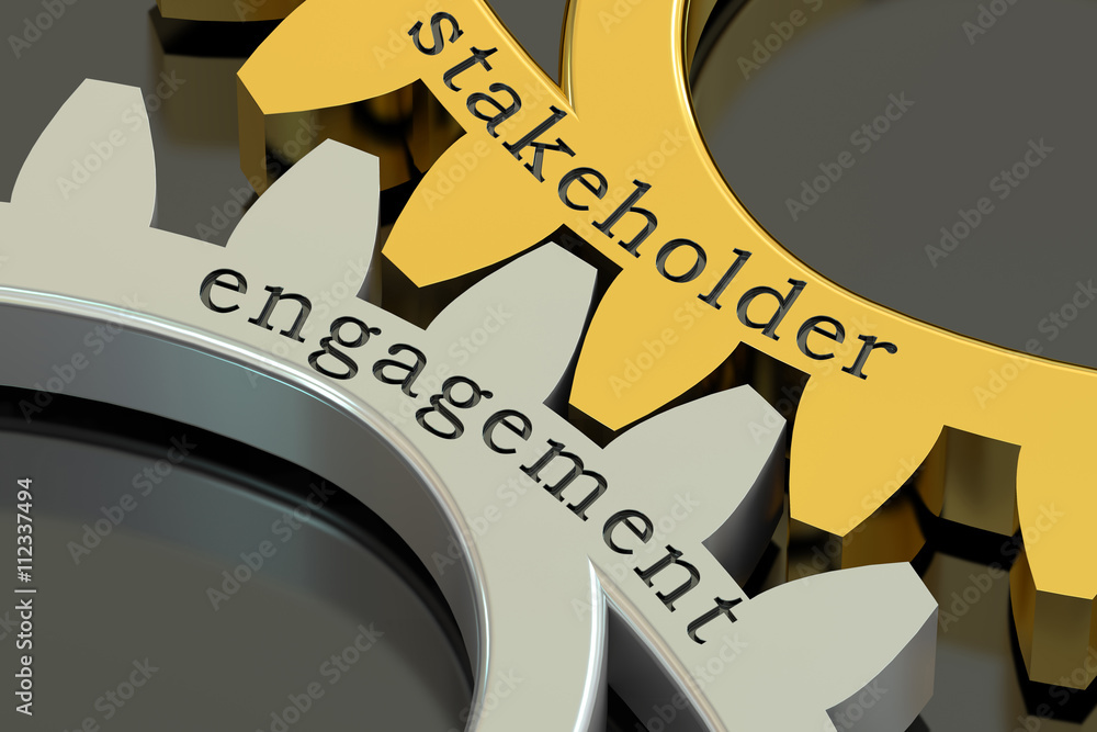 stakeholder engagement concept on the gearwheels, 3D rendering